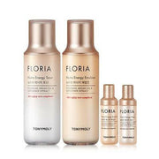 ProtoClinical k-beauty TONYMOLY Floria Nutra Energy Skin Care Set cosmetic packaging graphic in soft beige and pale blue tones on a light background