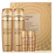ProtoClinical k-beauty TONYMOLY Intense Care Gold 24K Snail 2 Set skincare set packaging in warm beige and brown tones on a light background
