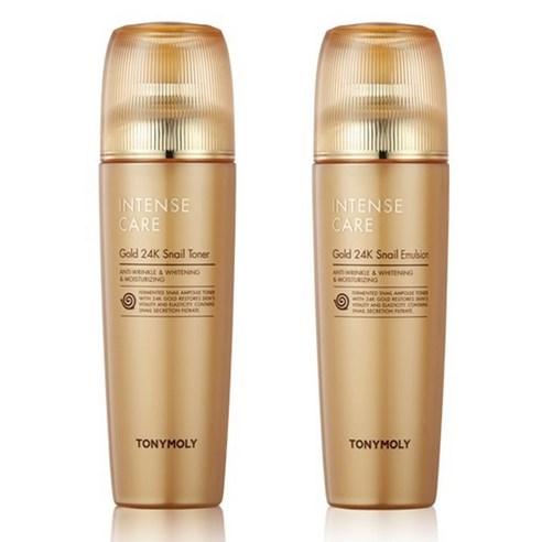 ProtoClinical k-beauty TONYMOLY Intense Care Gold 24K Snail 2 Set vertical beige and cream cosmetic graphic on a light background