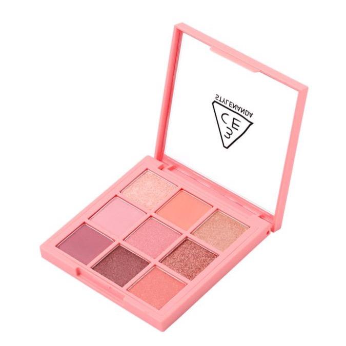 3CE Multi Eye Color Palette 8.1g #BEACH MUSE by ProtoClinical shown in an open palette detail view with warm neutral shades for a k-beauty makeup routine.