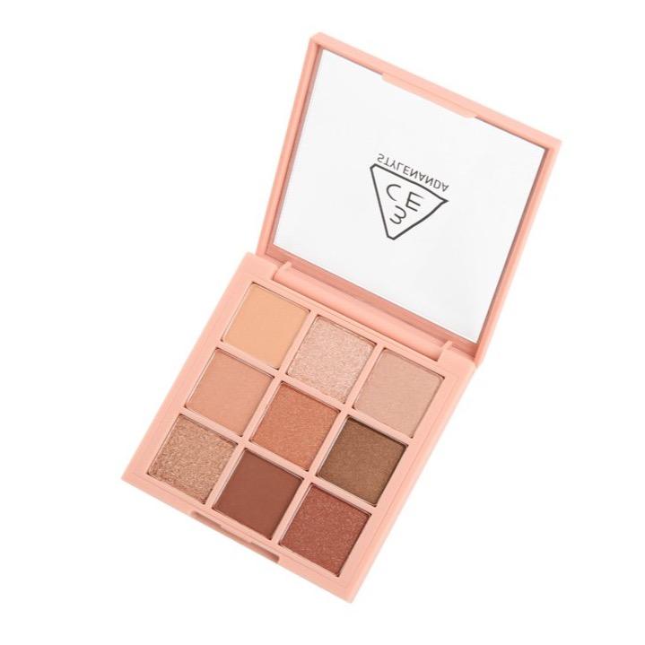 3CE Multi Eye Color Palette 8.1g #OVERTAKE by ProtoClinical shown in an eyeshadow palette detail image on a plain background for a k-beauty makeup routine.