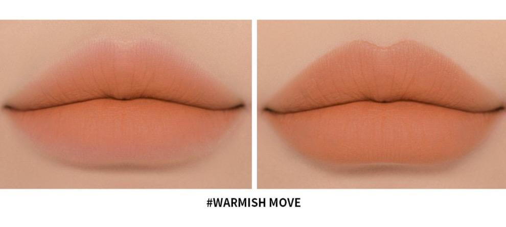 ProtoClinical k-beauty 3CE Soft Matte Lipstick 3.5g #WARMISH MOVE swatch graphic with warm-toned lipstick shades and text labels on a light background.
