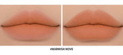 ProtoClinical k-beauty 3CE Soft Matte Lipstick 3.5g #WARMISH MOVE swatch graphic with warm-toned lipstick shades and text labels on a light background.