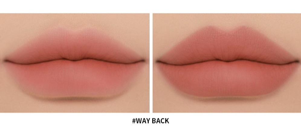 ProtoClinical k-beauty 3CE Soft Matte Lipstick 3.5g #WAY BACK swatch graphic with cool-toned lipstick shades and text labels on a light background.