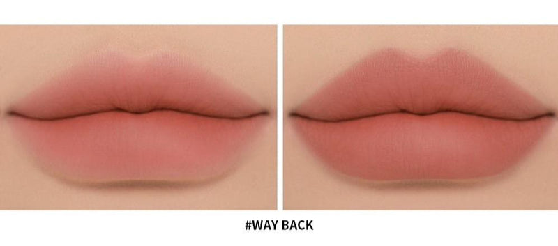 ProtoClinical k-beauty 3CE Soft Matte Lipstick 3.5g #WAY BACK swatch graphic with cool-toned lipstick shades and text labels on a light background.