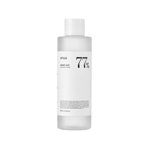 ProtoClinical k-beauty Anua HEARTLEAF 77% SOOTHING TONER 250ml single upright toner bottle centered on a white background with soft peach side shading