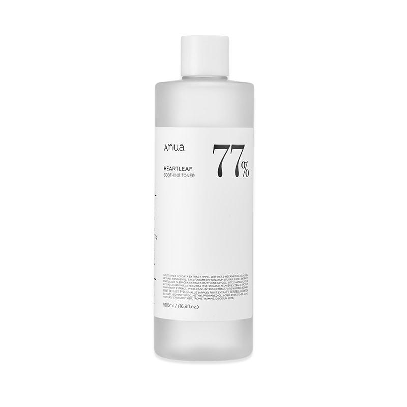 Anua HEARTLEAF 77% SOOTHING TONER 500ml by ProtoClinical shown in a product-focused toner packshot with the bottle on a clean light background, highlighting a calming k-beauty skincare routine.