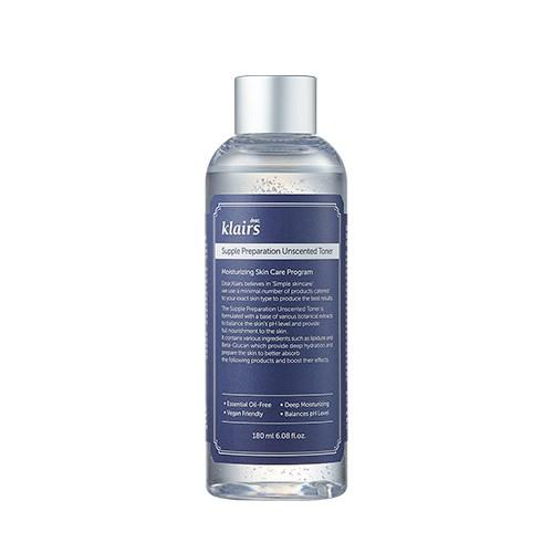 ProtoClinical k-beauty KLAIRS Supple Preparation Unscented Toner 180ml single upright blue-gray toner bottle centered on a light background with pale green side accents.