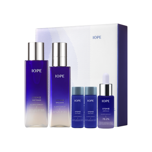 ProtoClinical k-beauty IOPE Stem 3 Softener & Emulsion Skincare SET with a blue and white skincare bottle, matching carton, and a light background