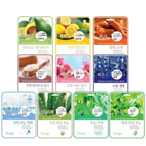 ProtoClinical k-beauty natureby Essence Mask Pack B Type 23g x 100ea assorted sheet mask packet layout with green and cream sachets around a pale center panel