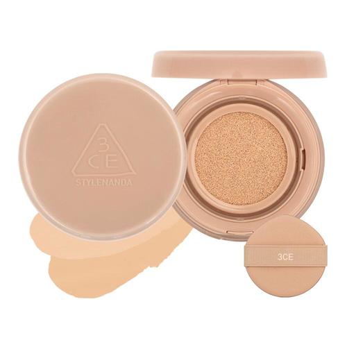 ProtoClinical k-beauty 3CE Glow Cushion 15g + Refill single round cushion compact centered on a light background with peach and aqua side accents
