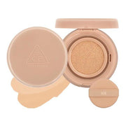 ProtoClinical k-beauty 3CE Glow Cushion 15g + Refill single round cushion compact centered on a light background with peach and aqua side accents