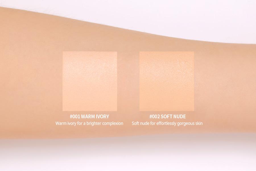 ProtoClinical k-beauty 3CE Glow Cushion 15g + Refill swatch-style horizontal peach band on a pale cream background with soft blue corner shading