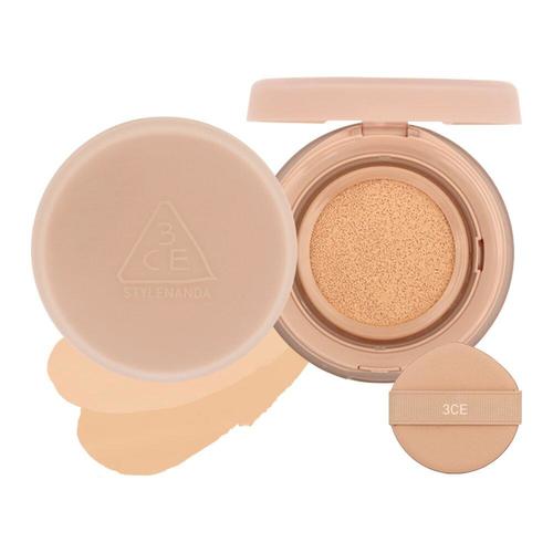ProtoClinical k-beauty 3CE Soft Matte Fit Cushion 15g + Refill single round cushion compact centered on a light background with peach and aqua side accents