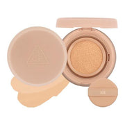 ProtoClinical k-beauty 3CE Soft Matte Fit Cushion 15g + Refill single round cushion compact centered on a light background with peach and aqua side accents