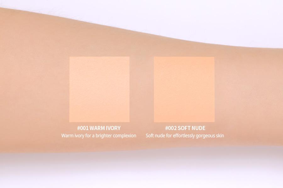 ProtoClinical k-beauty 3CE Soft Matte Fit Cushion 15g + Refill swatch-style horizontal peach band on a pale cream background with soft blue corner shading
