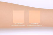 ProtoClinical k-beauty 3CE Soft Matte Fit Cushion 15g + Refill swatch-style horizontal peach band on a pale cream background with soft blue corner shading