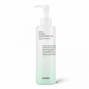 ProtoClinical k-beauty COSRX Pure Fit Cica Clear Cleansing Oil 200ml single upright pale gray cleansing oil bottle centered on a light background with pale aqua side accents.