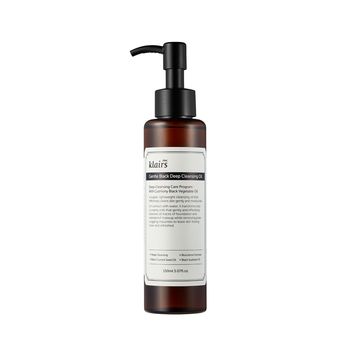 ProtoClinical k-beauty KLAIRS Gentle Black Deep Cleansing Oil 150ml single upright dark cleansing oil bottle centered on a light background.