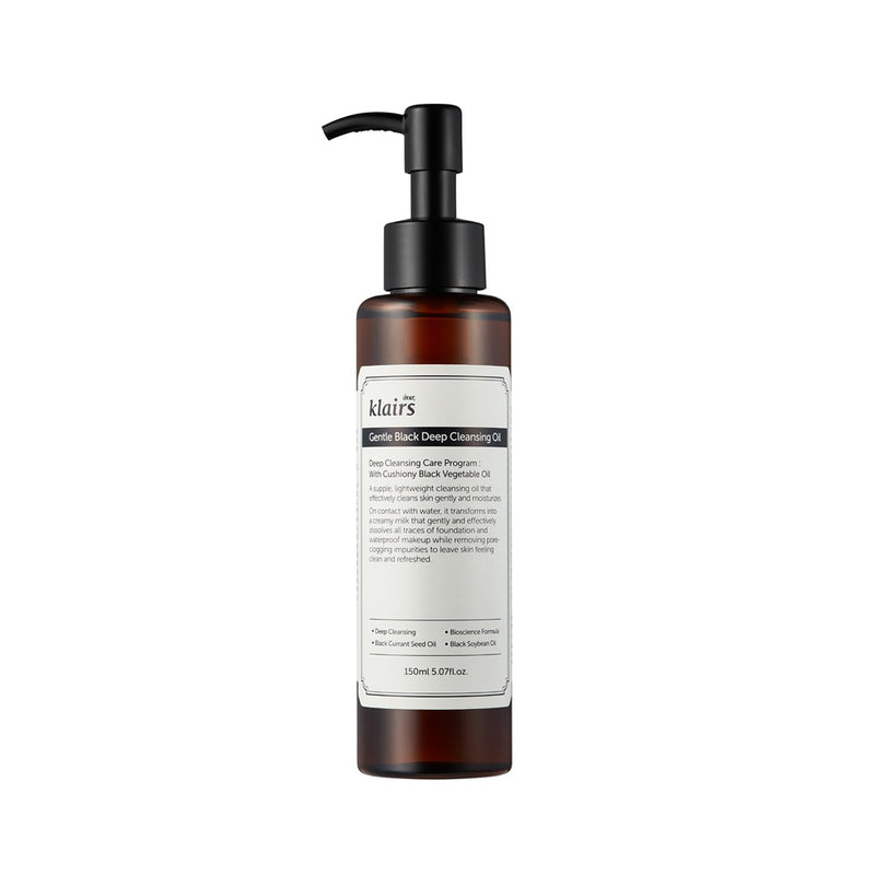 ProtoClinical k-beauty KLAIRS Gentle Black Deep Cleansing Oil 150ml single upright dark cleansing oil bottle centered on a light background.