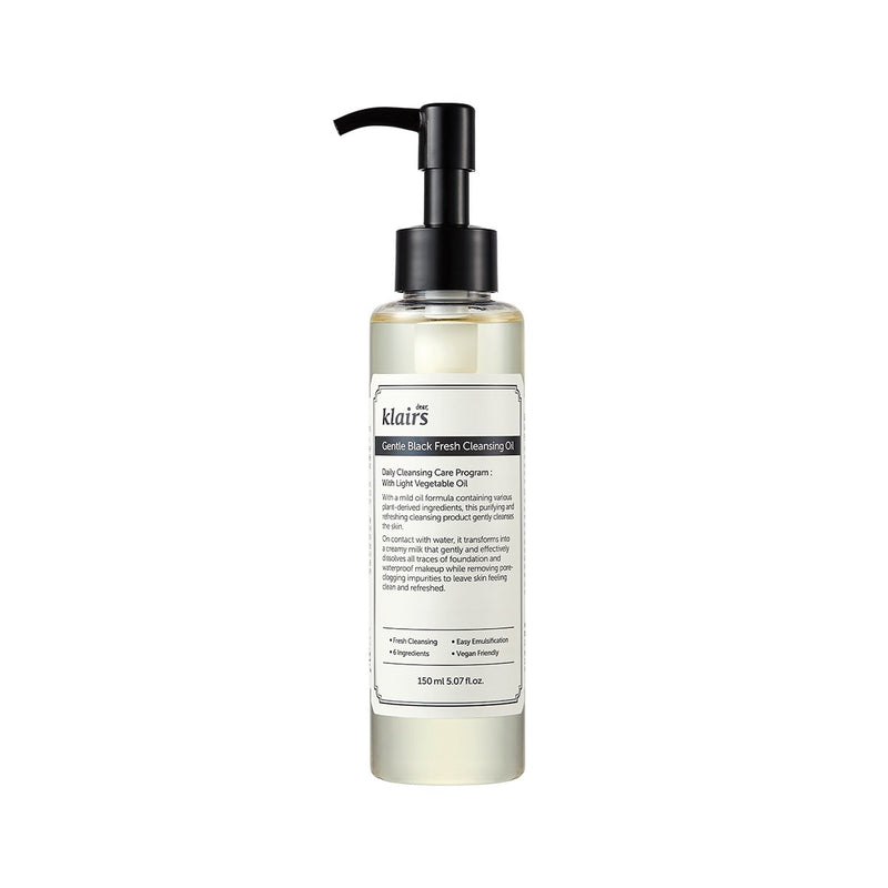 ProtoClinical k-beauty KLAIRS Gentle Black Fresh Cleansing Oil 150ml single upright cleansing oil bottle centered on a light background.
