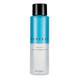 ProtoClinical k-beauty MISSHA Perfect Lip & Eye Makeup Remover 155ml single upright remover bottle with pale blue liquid tones on a light studio background