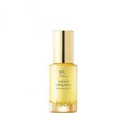 ProtoClinical k-beauty isoi Bulgarian Rose Intensive Lifting Serum 35ml in a tall beige bottle centered upright on a soft cream background with pale lavender side bands.