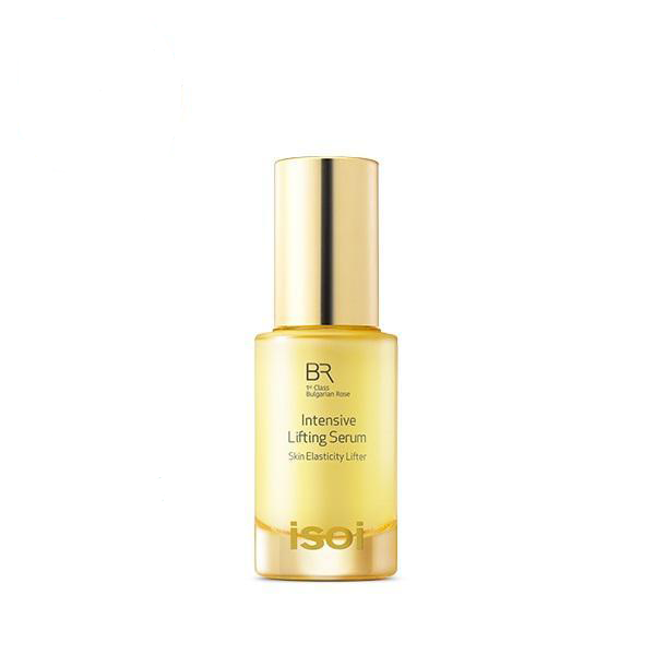 ProtoClinical k-beauty isoi Bulgarian Rose Intensive Lifting Serum 35ml in a tall beige bottle centered upright on a soft cream background with pale lavender side bands.