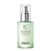 ProtoClinical k-beauty isoi Bulgarian Rose Pore Tightening Control Serum 50ml in a tall aqua bottle centered upright on a white background with soft peach side tones.