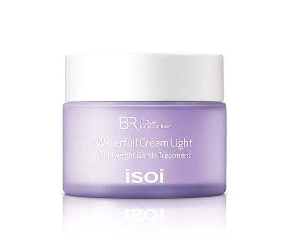 ProtoClinical k-beauty isoi Bulgarian Rose Waterfull Cream Light 50ml shown as a soft blue-lavender packaging silhouette with a muted gray vertical center on a light background.