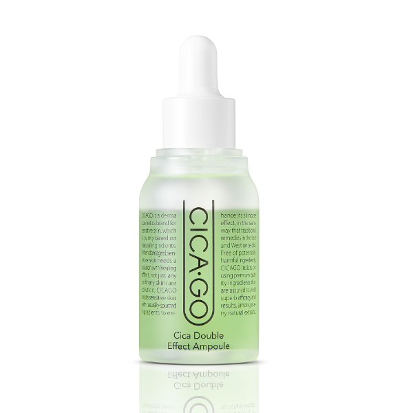 ProtoClinical k-beauty isoi Cica Double Effect Ampoule 30ml in a pale green bottle centered upright on a light background with soft pink side shading.