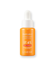 ProtoClinical k-beauty LANEIGE Radian-C Vitamin Spot Ampoule 10ml warm yellow bottle silhouette centered on a light background with pale blue side shading