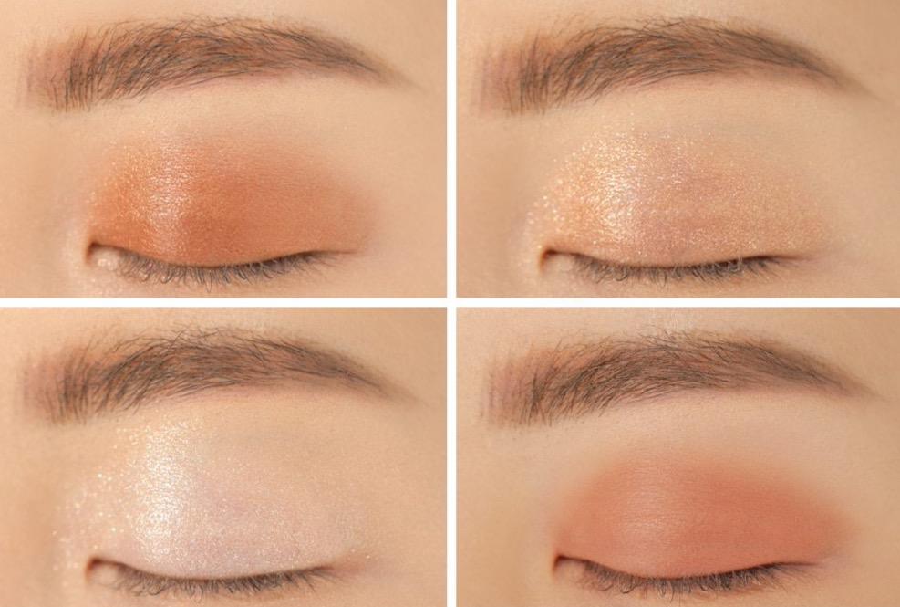 ProtoClinical k-beauty 3CE MINI MULTI EYE COLOR PALETTE 3.5g #CASUAL TALK horizontal swatch strip with peach and beige vertical bands on a light background
