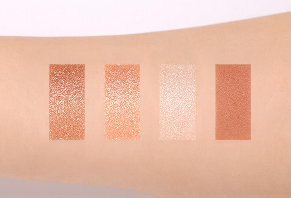 ProtoClinical k-beauty 3CE MINI MULTI EYE COLOR PALETTE 3.5g #CASUAL TALK horizontal swatch strip with peach and beige vertical bands on a light background