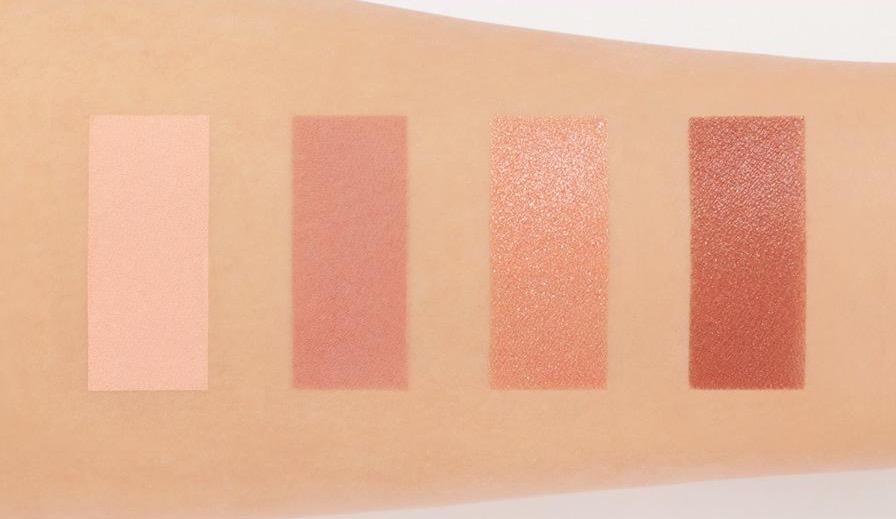 ProtoClinical k-beauty 3CE MINI MULTI EYE COLOR PALETTE 3.5g #SIDE BY SIDE horizontal swatch strip with multiple vertical eyeshadow bands on a light background