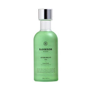 ProtoClinical k-beauty BARBER501 After Shave 160ml #cica(SANDAL WOODYS) single upright olive green after-shave bottle centered on a white background with soft aqua side shading