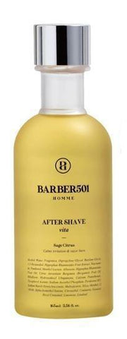 ProtoClinical k-beauty BARBER501 After Shave 165ml #vita(Sage Citrus) single upright pale olive after-shave bottle centered on a pale background with soft lavender side shading