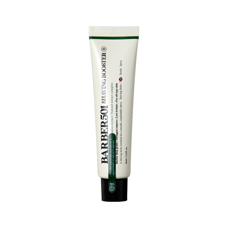 BARBER501 SHAVING BOOSTER Shaving Cream 66ml #CICA(GREEN) by ProtoClinical shown in product packaging on a clean white background for a k-beauty men's grooming routine.