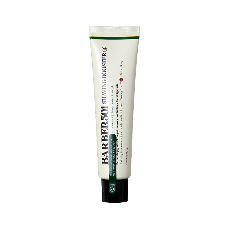BARBER501 SHAVING BOOSTER Shaving Cream 66ml #CICA(GREEN) by ProtoClinical shown in product packaging on a clean white background for a k-beauty men's grooming routine.
