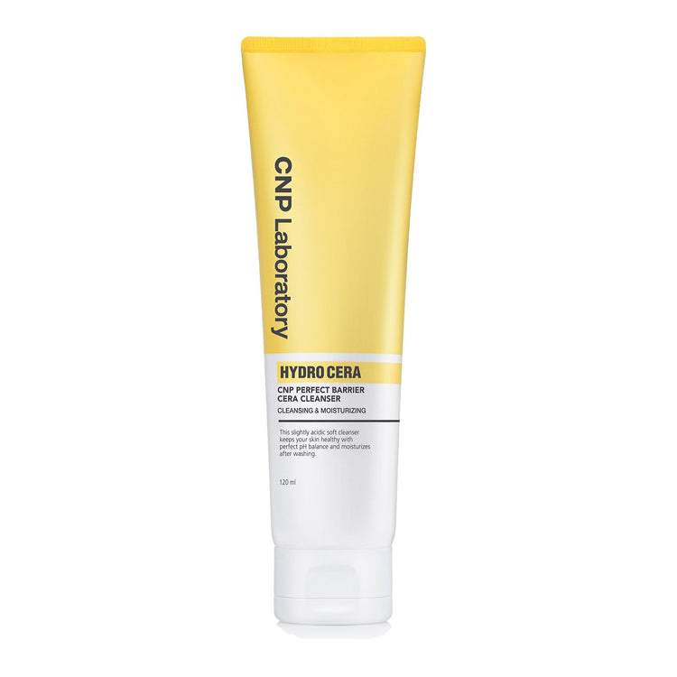 ProtoClinical k-beauty CNP Hydro Cera Perfect Barrier Cera Cleanser 120ml single upright yellow package centered on a white background with pale blue side accents