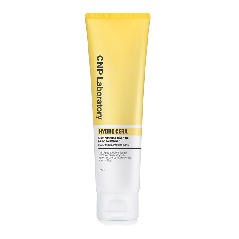 ProtoClinical k-beauty CNP Hydro Cera Perfect Barrier Cera Cleanser 120ml single upright yellow package centered on a white background with pale blue side accents