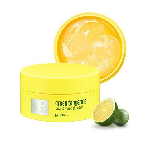 ProtoClinical k-beauty goodal Green Tangerine Vita C Eye Gel Patch 60 Sheets (72g) single yellow round eye patch jar centered on a pale blue background