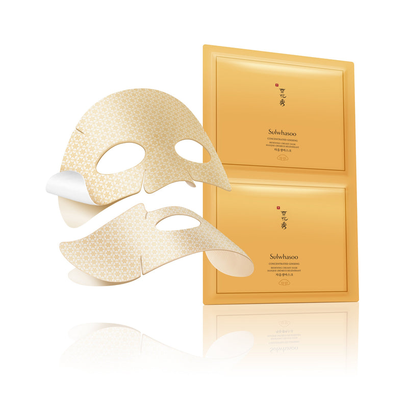 ProtoClinical k-beauty Sulwhasoo Concentrated Ginseng Renewing Creamy Mask 18g X 5ea campaign image with warm beige panels on a light background.