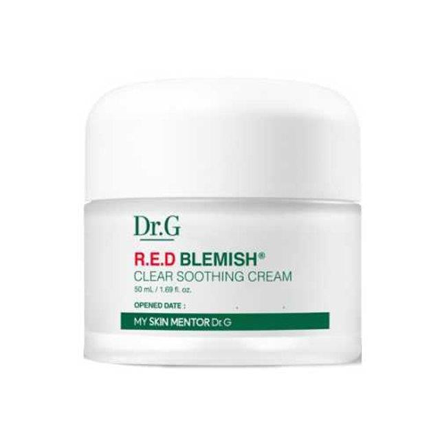 ProtoClinical k-beauty Dr.G Red Blemish Clear Soothing Cream 50ml in a frosted white cream jar with a white lid, green and red front label, and front-facing packshot on a clean white background