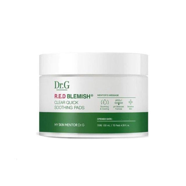 ProtoClinical k-beauty Dr.G Red Blemish Clear Quick Soothing Pads 70 Sheets single round pale green soothing pad jar on a clean white background.