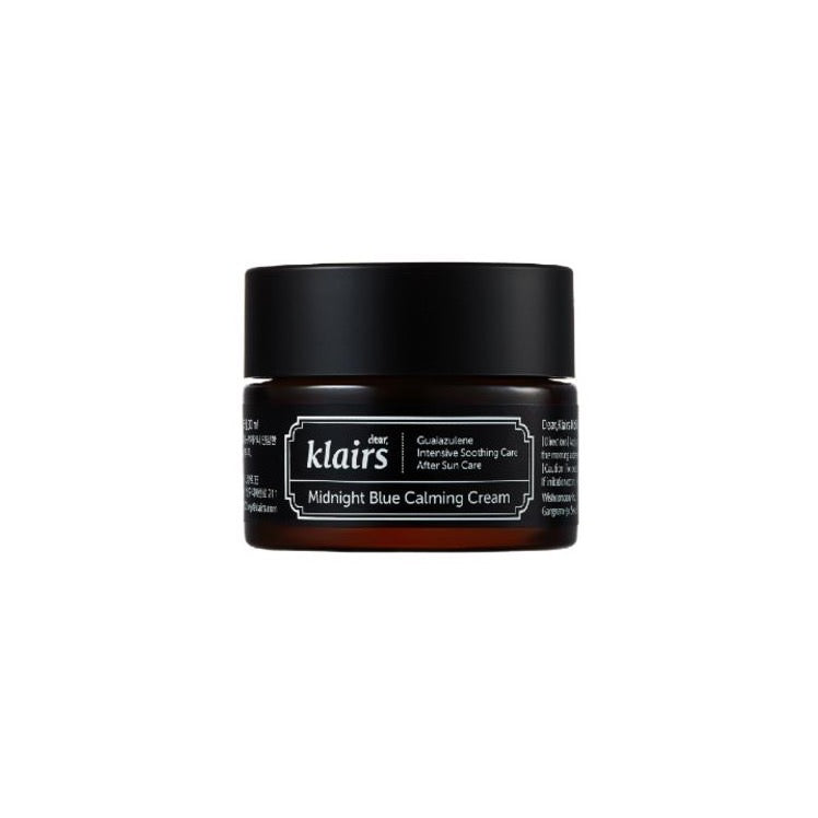 ProtoClinical k-beauty KLAIRS Midnight Blue Calming Cream 30ml charcoal cream jar silhouette on a white background with soft beige side tones.