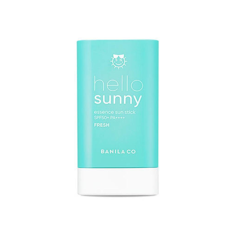 ProtoClinical k-beauty BANILA CO Hello Sunny Essence Sun Stick Fresh SPF50+PA++++ 18.5g single upright aqua sun stick package centered on a white background.