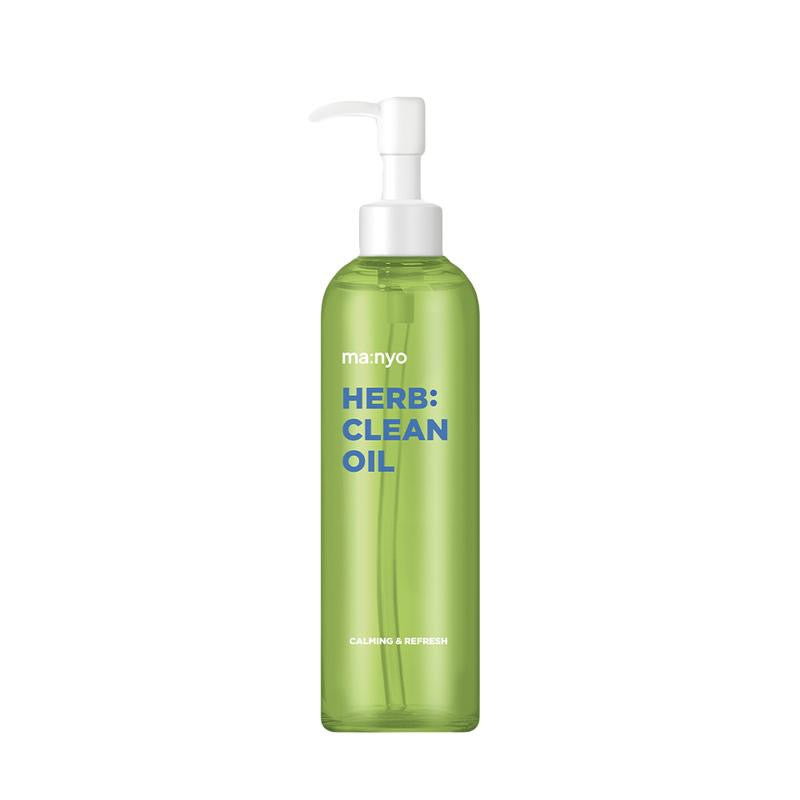ProtoClinical k-beauty MANYO FACTORY Herb Green Cleansing Oil 200ml single upright cleansing oil bottle in muted sage packaging on an off-white background.