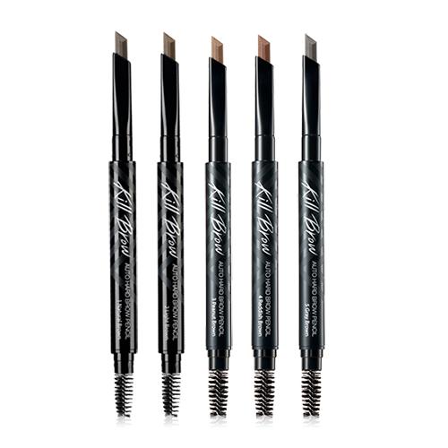 ProtoClinical k-beauty CLIO Auto Hard KillBrow Pencil 0.31g (5 Colors) single upright gray brow pencil package centered on a white background with pale blue side accents