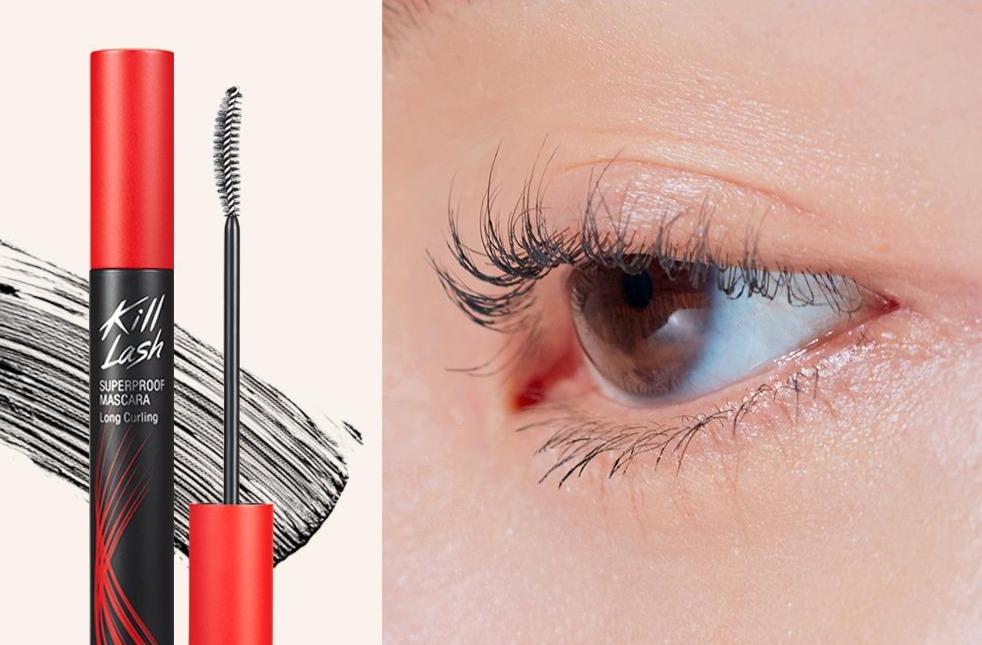 ProtoClinical k-beauty CLIO Kill Lash Superproof Mascara 7g (5 Colors) wide horizontal shade reference graphic with dark gray and warm brown tones on a light background